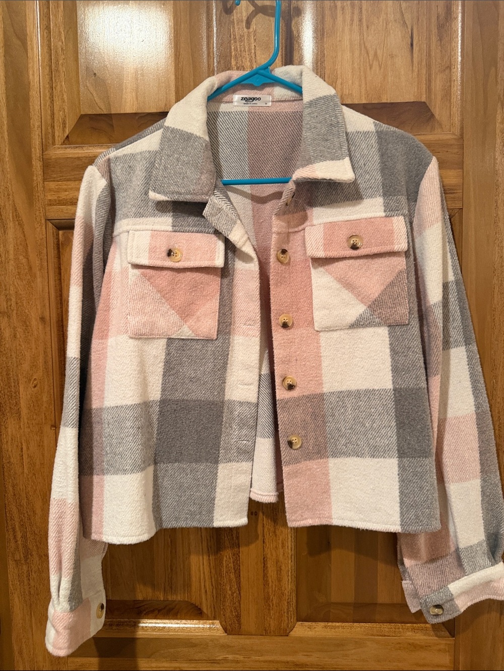 zeagoo Plaid Button-Up Jacket in Pink, Gray and White